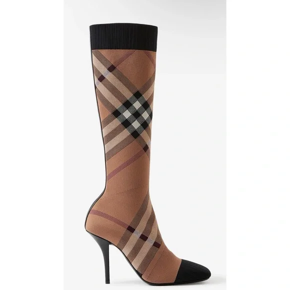 BURBERRY KNITTED CHECK SOCK BOOTS BIRCH BROWN NEW 37.5 7.5 - Picture 12 of 12
